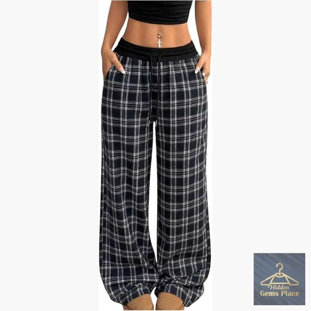 Wide Leg Flannel Pajama Pants with Pockets, Lounge Sweatpants